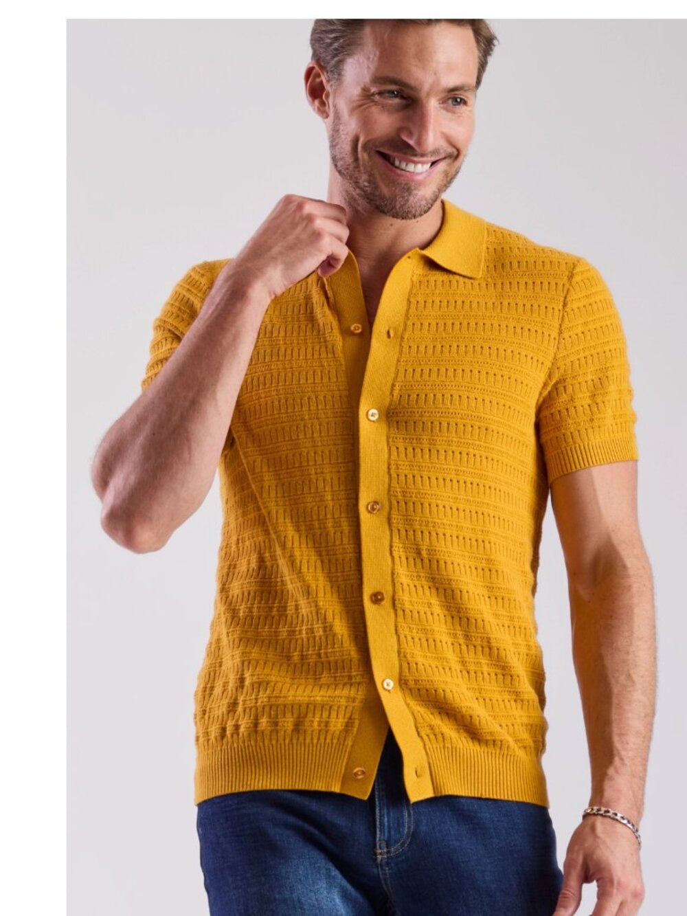 BACHRACH Italy Men's Full Placket Knit Polo Button Down SS Shirt M Gold - Picture 10 of 10